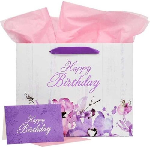 1220000139510 Purple Floral Womens Landscape Gift Bag Set w/Card: Happy Birthday